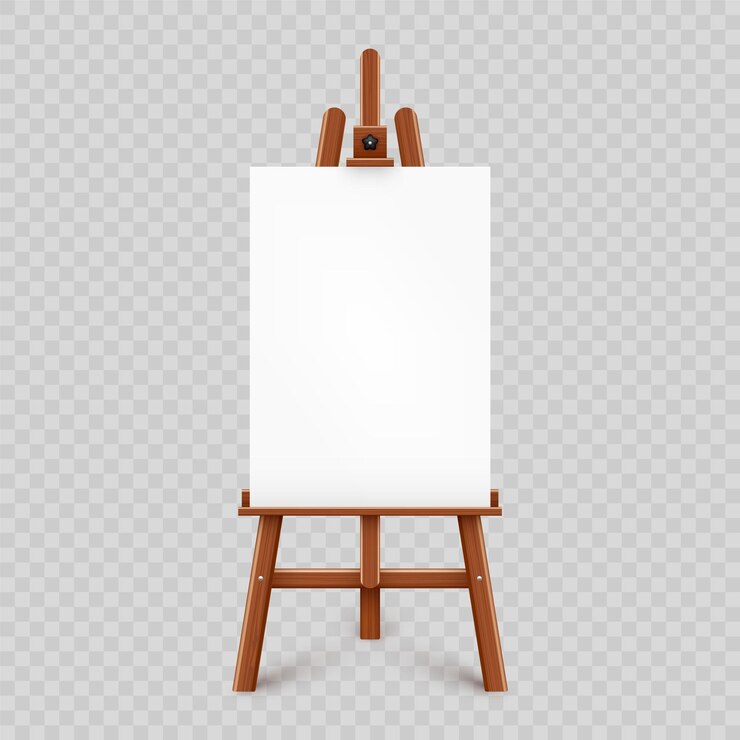 Vector realistic paint desk with blank white canvas wooden easel and a sheet of drawing paper presentation