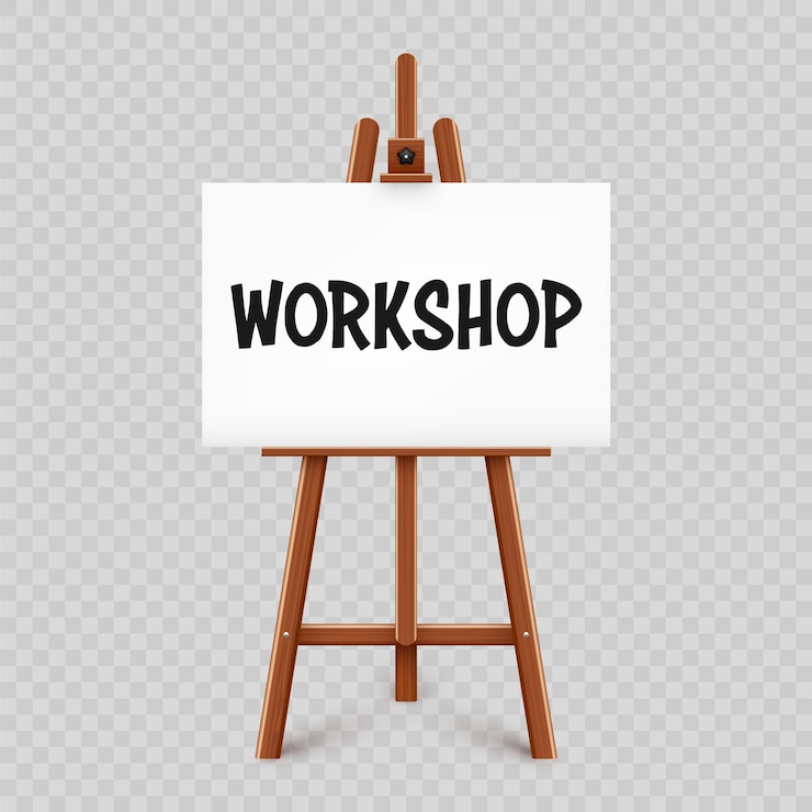 Vector realistic paint desk with text on white canvas wooden easel and a sheet of drawing paper