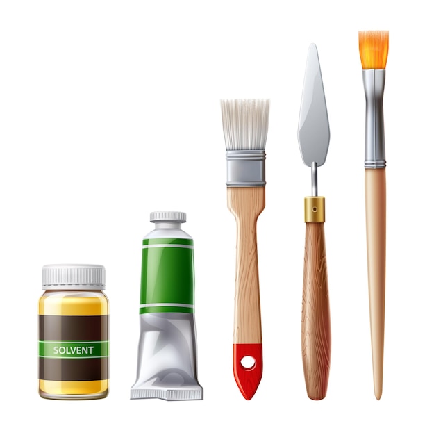 Realistic painter tools with oil paint tubes, brushes and palette knife