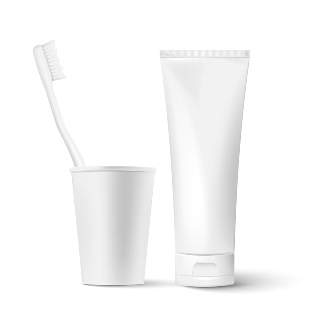 Vector realistic pair of toothbrushes in a glass with tube of toothpaste isolated on background vector illustration