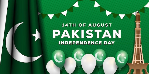 Illustrazione realistica del giorno dell'indipendenza del pakistan con palloncino realistico e bandiera pakistana