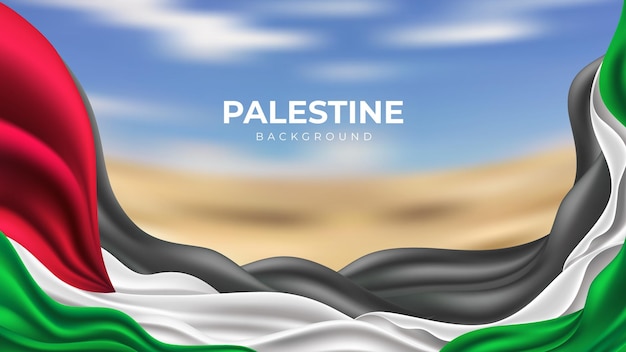 Realistic palestine flag with blurry desert background