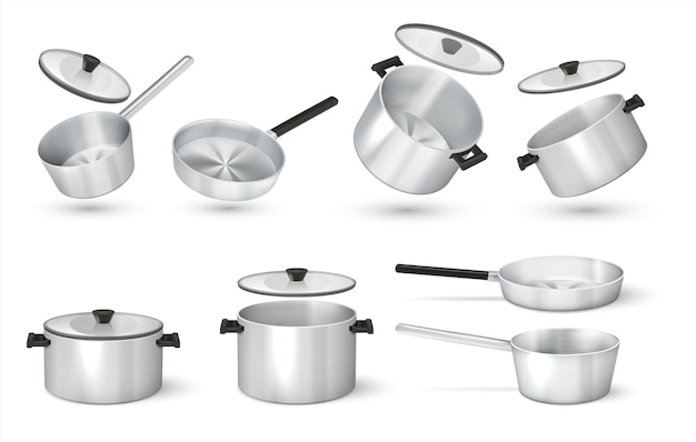 リアルな鍋。ケープ、金属製の鍋、フライパン、隔離された調理器具を備えたスチール製調理鍋。ベクトル画像3Dアルミフライパンと台所用品