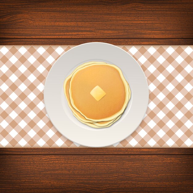 Vettore pancake realistico con un pezzo di burro su un primo piano bianco del piatto su fondo di legno, vista superiore.