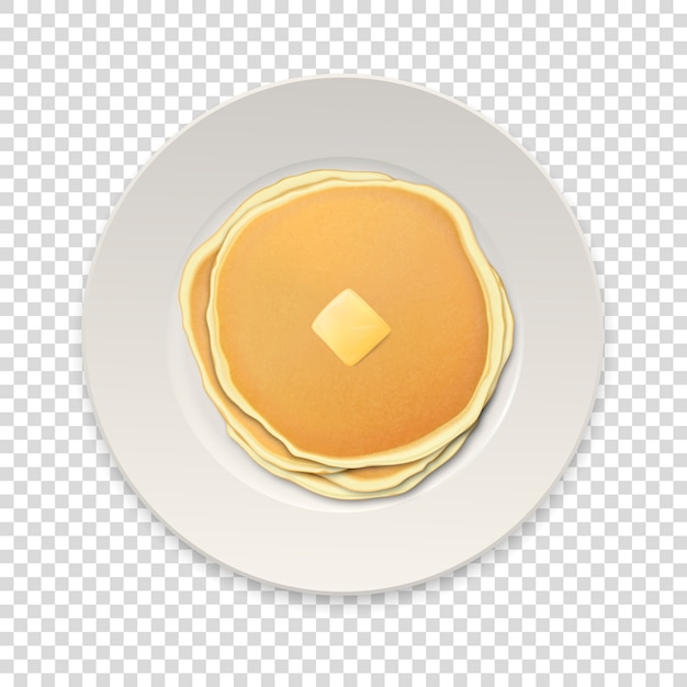 Vector realistic pancakes with a piece of butter on a white plate closeup isolated on transparency grid background, top view.