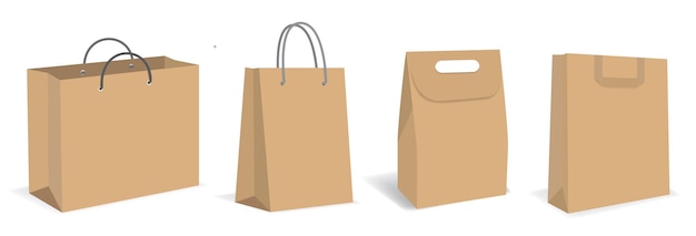 Realistic paper bag mockups of shopping paper bag with handle isolated on white background made