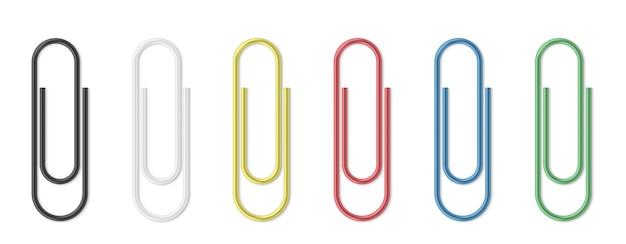 Realistic paper clip set. Colorful paperclips on white background isolated templates. Staples for document attach and school supplies. Vector illustration