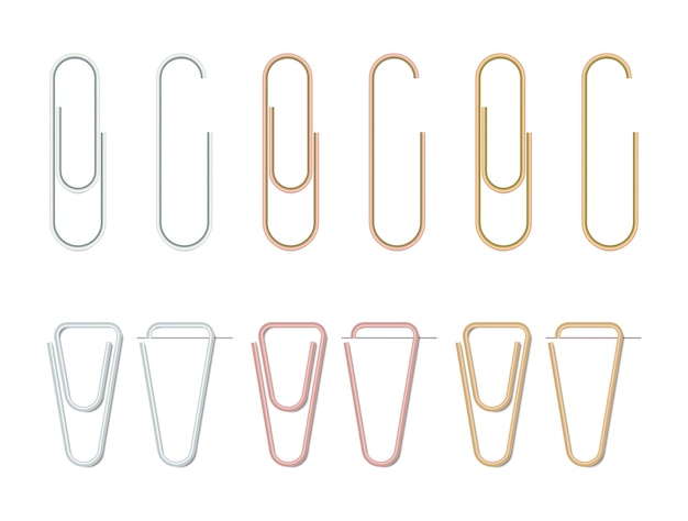 Realistic paper clips set Silver bronze and gold color Paperclip icon Steel stationery Vector