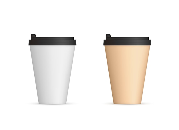 Realistic paper coffee cups with lid.