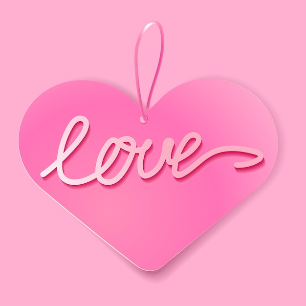 Vector realistic paper heart with the 3d word love on a pink backgroundvector illustration