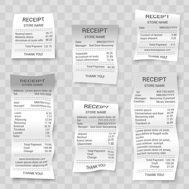 Vector realistic paper shop receipts set