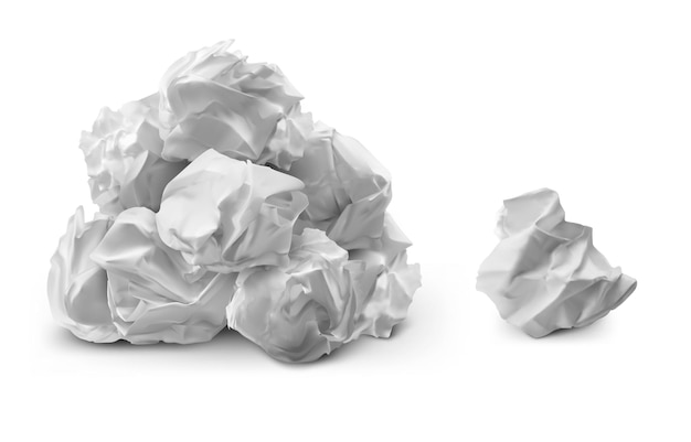 Realistic paper trash Pile of crumpled paper balls crinkled and wasted page Vector isolated set