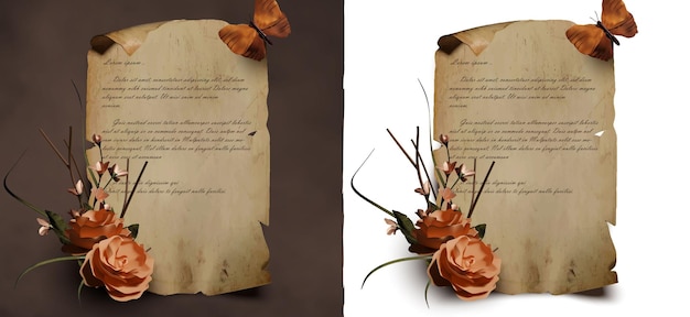 realistic parchment template with beautiful flower and butterfly