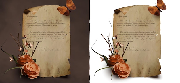 Realistic parchment template with beautiful flower and butterfly