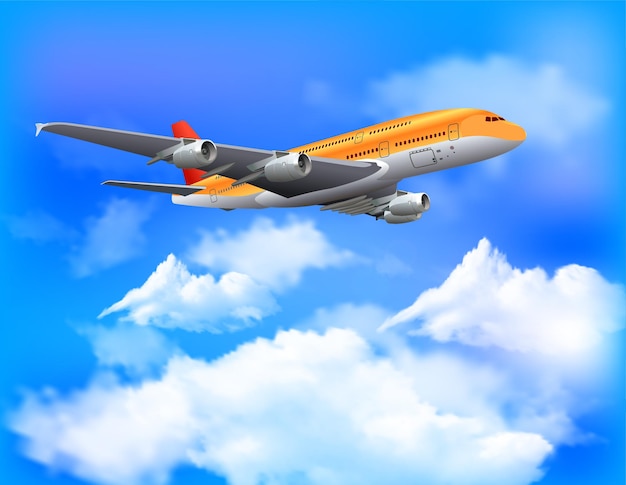 Vector realistic passenger airplane flying in blue sky vector resources