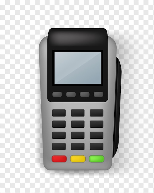 Vector realistic payment terminal. contactless pos terminal front view, finance service and banking electronic financial equipment, credit card payments, empty screen mockup 3d vector isolated illustration