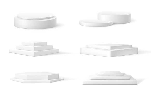 ベクトル 現実的な台座 3 d の白い空の表彰台 シリンダー勝者ステージとラウンド プレゼンテーションの空のプラットフォーム イベント用の分離された幾何学的な正方形または多角形の展示ベース モックアップ ベクトル シーン スタンド セット