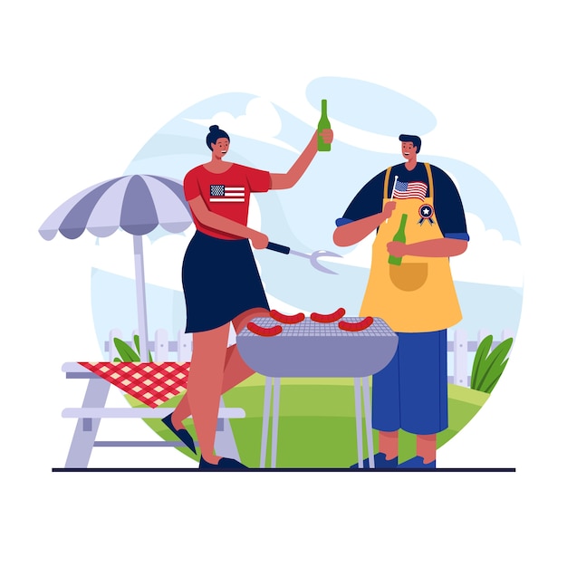 Vector realistic people at barbecue illustration