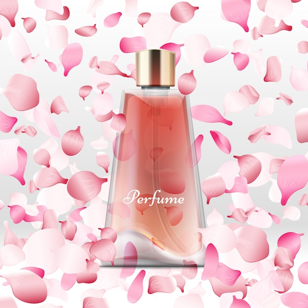 Realistic perfume bottle and flying pink petals