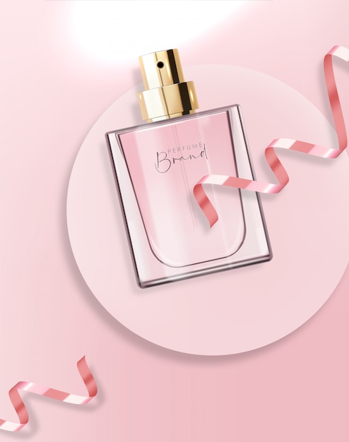 Bottiglia di profumo realistica e rosa, contenitore isolato, design elegante, confezione, aroma liquido floreale, illustrazione di nuovo prodotto