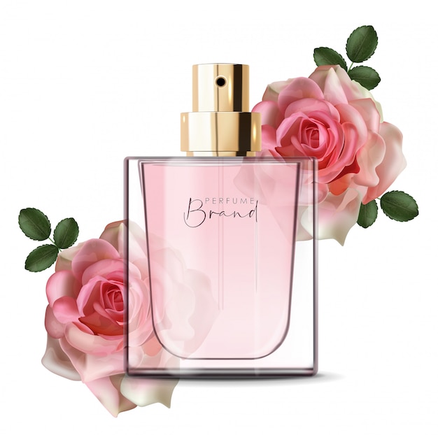 Bottiglia di profumo realistica e rosa, contenitore isolato, design elegante, confezione, aroma liquido floreale, illustrazione di nuovo prodotto