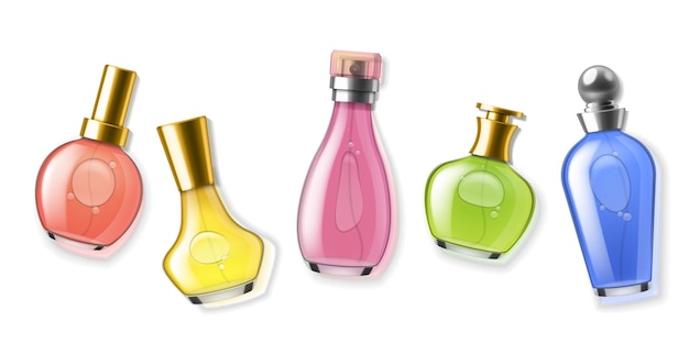 Realistic perfume bottles Color transparent flasks with scents 3d glass containers with dispenser spray bright caustic effects refractive light cosmetic blank glamour packaging vector concept