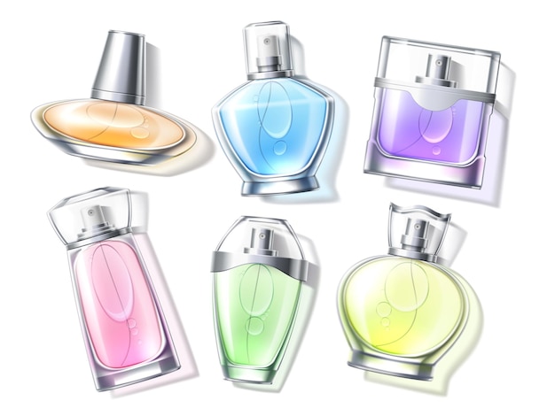 Realistic perfume top view 3d aroma glass vials with color toilet waters fragrance bottles lying air bubbles in flacon fashion packaging various shapes vector isolated concept