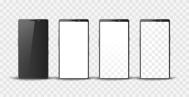 Реалистичные экраны телефонов. Смартфон гаджеты вид спереди с разными дисплеями, белый черный и прозрачный, шаблоны дизайна мобильных телефонов, 3D-макеты объектов. Изолированный набор векторных