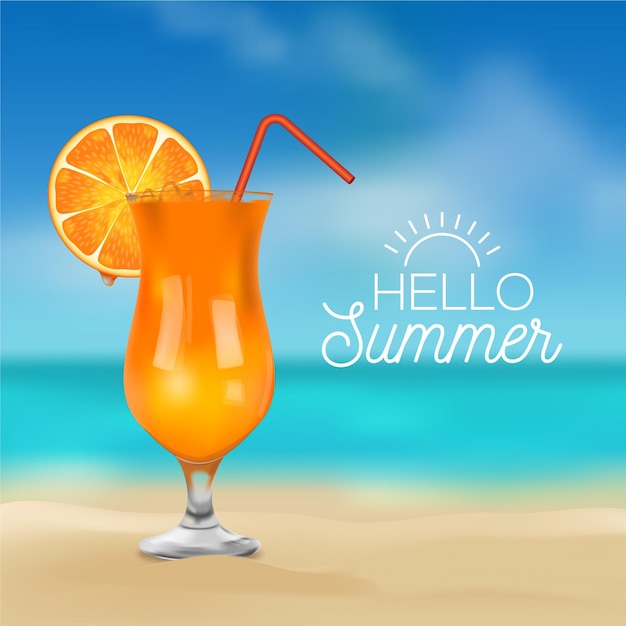 Vector realistic photo of cocktail with hello summer message