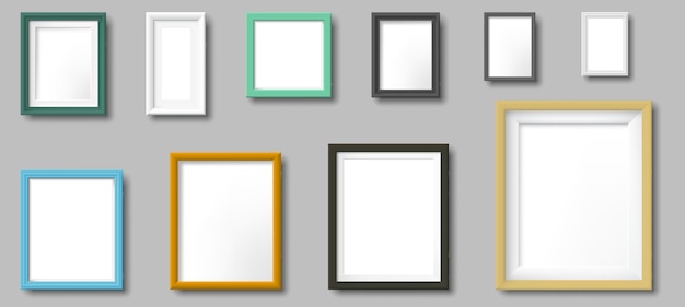 Realistic photo frame. square and rectangular frames, photos on wall template