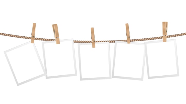 Vector realistic photo frames frame hanging on wooden clothespins on rope modern stylish decorative element for interior design isolated scandinavian home accessory vector template