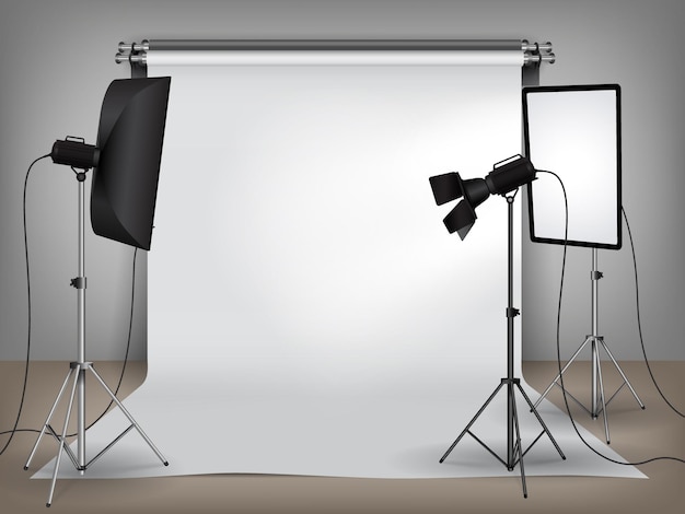 Vector realistic photo studio set up with lighting equipment and white backdrop