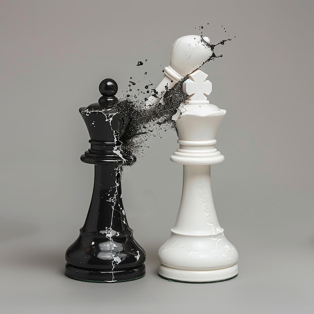 A realistic photo of two chess pieces colliding