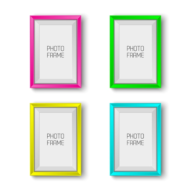 Realistic picture frames in neon colors isolated on white background with blank space