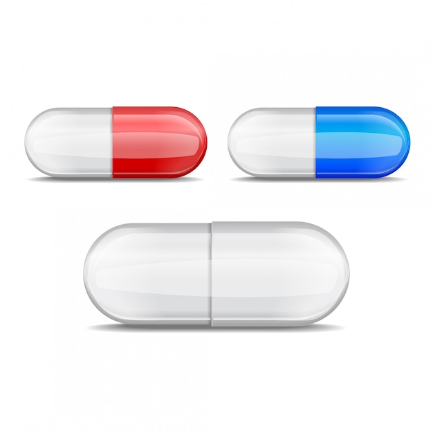 Realistic pills collection. vector set of red, blue, white capsule shaped tablets.