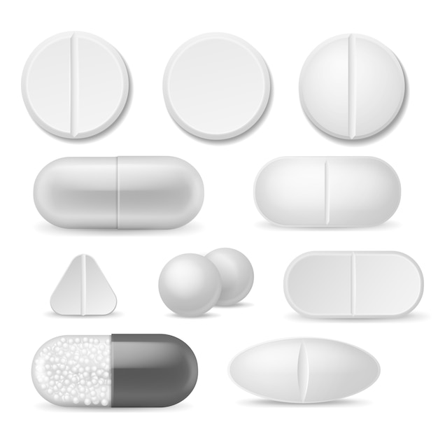 Realistic pills. white medicine tablets.