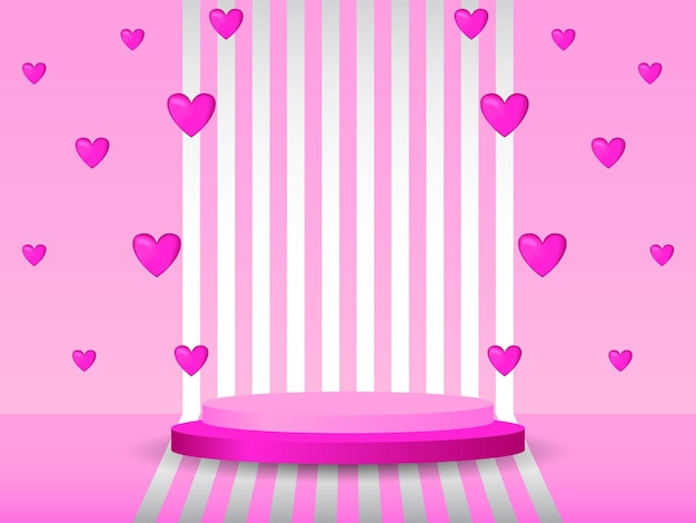 Podio del piedistallo del cilindro 3d rosa realistico su sfondo a strisce con cuori intorno al palco minimo di san valentino per display pubblicitario dimostrativo del prodotto piattaforma della sala studio di disegno astratto vettoriale