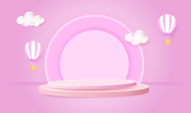 Realistic pink 3D cylindrical pedestal podium with clouds and balloons Pastel minimal