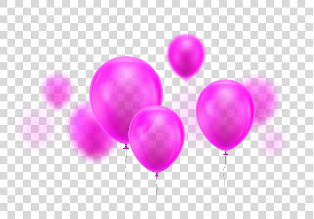 Realistic pink balloon Three helium balloon in the foreground and a few balloon of blur Festive symbol Vector illustration on transparent background
