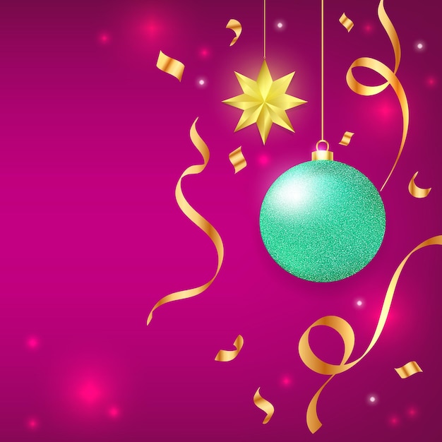 realistic pink christmas background with bauble and confetti