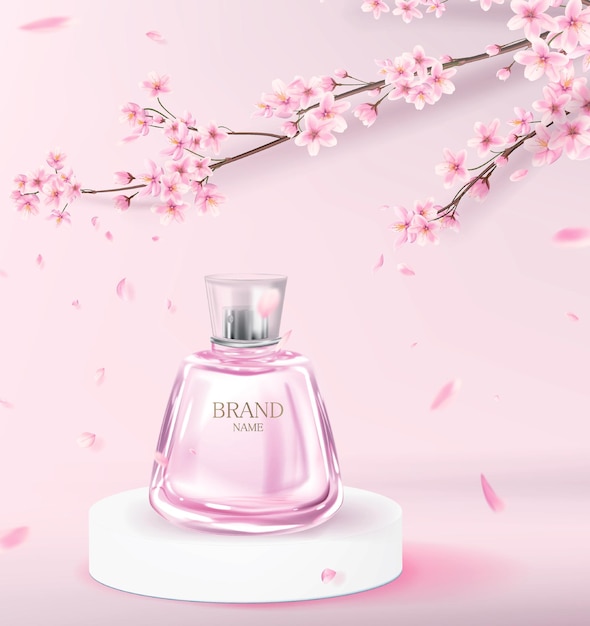 Realistic pink perfume bottle on the catwalk to advertise a perfume brand. Cosmetic product with cherry blossom