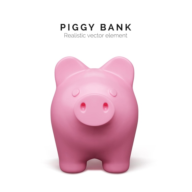 Realistic pink pig front view Piggy bank isolated on white background Piggy bank concept of money deposit and investment Vector illustration