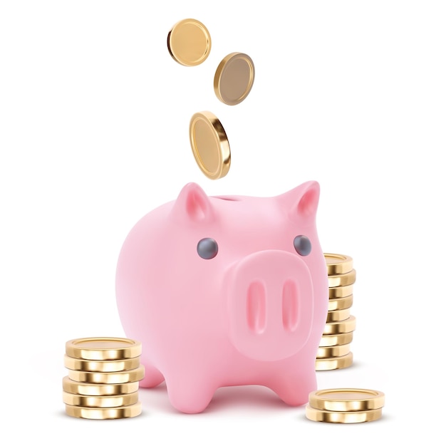 realistic pink piggy bank pig isolated on white background. piggy bank with coins, financial savings and banking economy, long-term deposit investment.  illustration