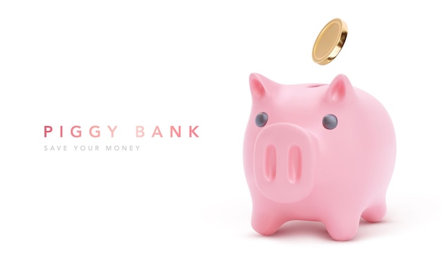 Realistic pink piggy bank pig isolated with coins, financial savings and banking economy, long-term deposit investment.