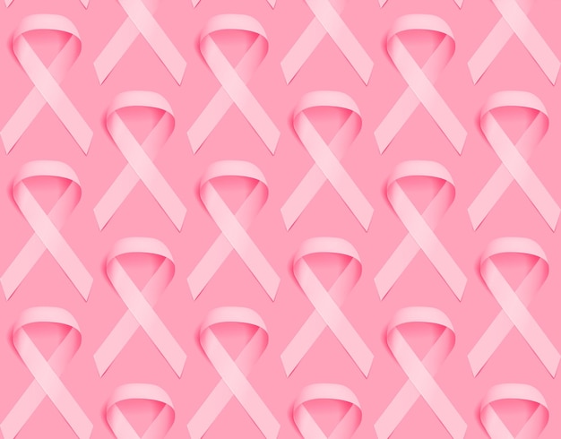 Реалистичный шаблон бесшовного фона с розовой лентой, символ осведомленности о раке молочной железы. Розовая лента осведомленности о раке молочной железы.