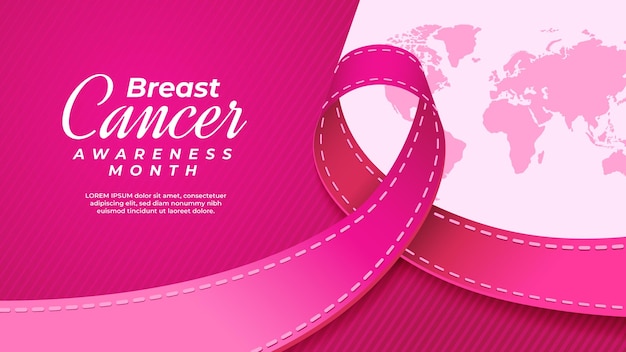 Realistic Pink Ribbon and World Map in Breast Cancer Awareness Month