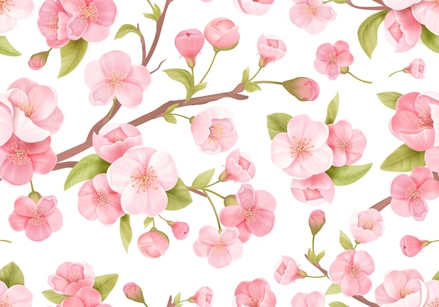 벡터 현실적인 핑크 사쿠라 꽃 원활한 배경입니다. 일본 꽃 체리 이국적인 질감입니다. 봄 꽃, 결혼식 배경, 직물, 직물을 위한 나뭇잎 패턴