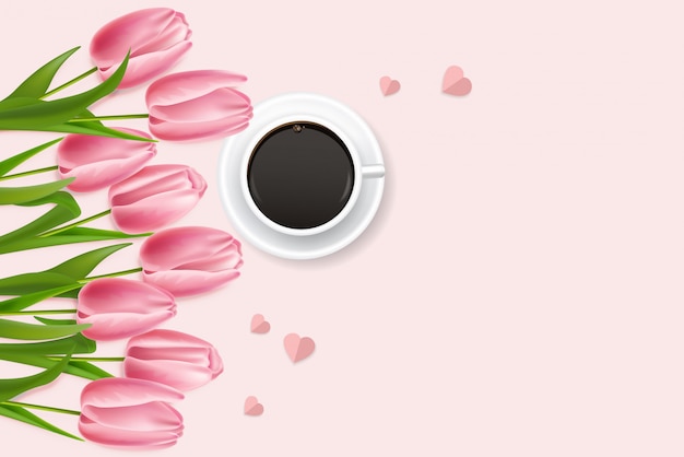 Realistic pink tulips and coffee