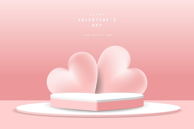 Vector realistic pink and white heart 3d cylinder pedestal podium with two hearts shape background