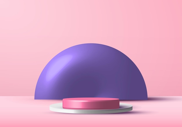 Realistic pink and white rendering podium studio stage for display showcase with purple circle background.